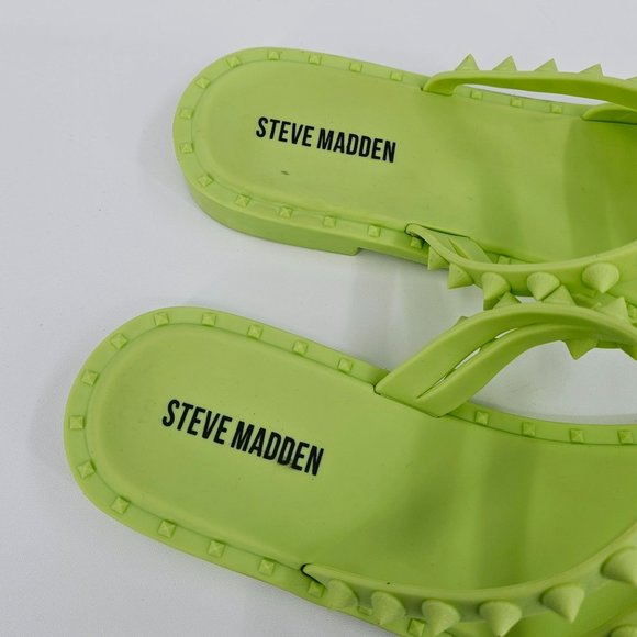 Steve Madden Selina Sandals 10 Lime Green Studded Jelly Square Toe Strappy Flats - Picture 3 of 14